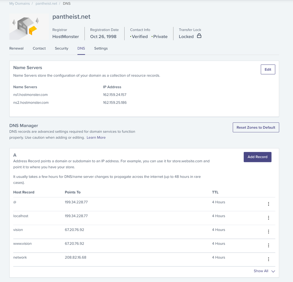 pantheist.net DNS settings on Hostmonster as of 13 Feb 2023